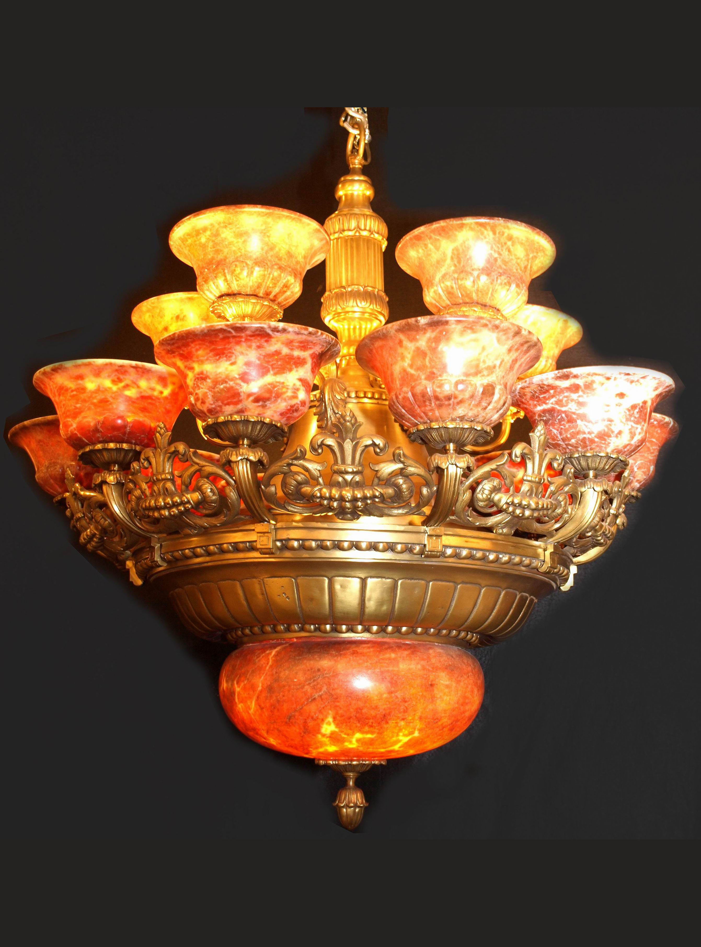 Magnificent gilt bronze and alabaster chandelier from France MAURICE