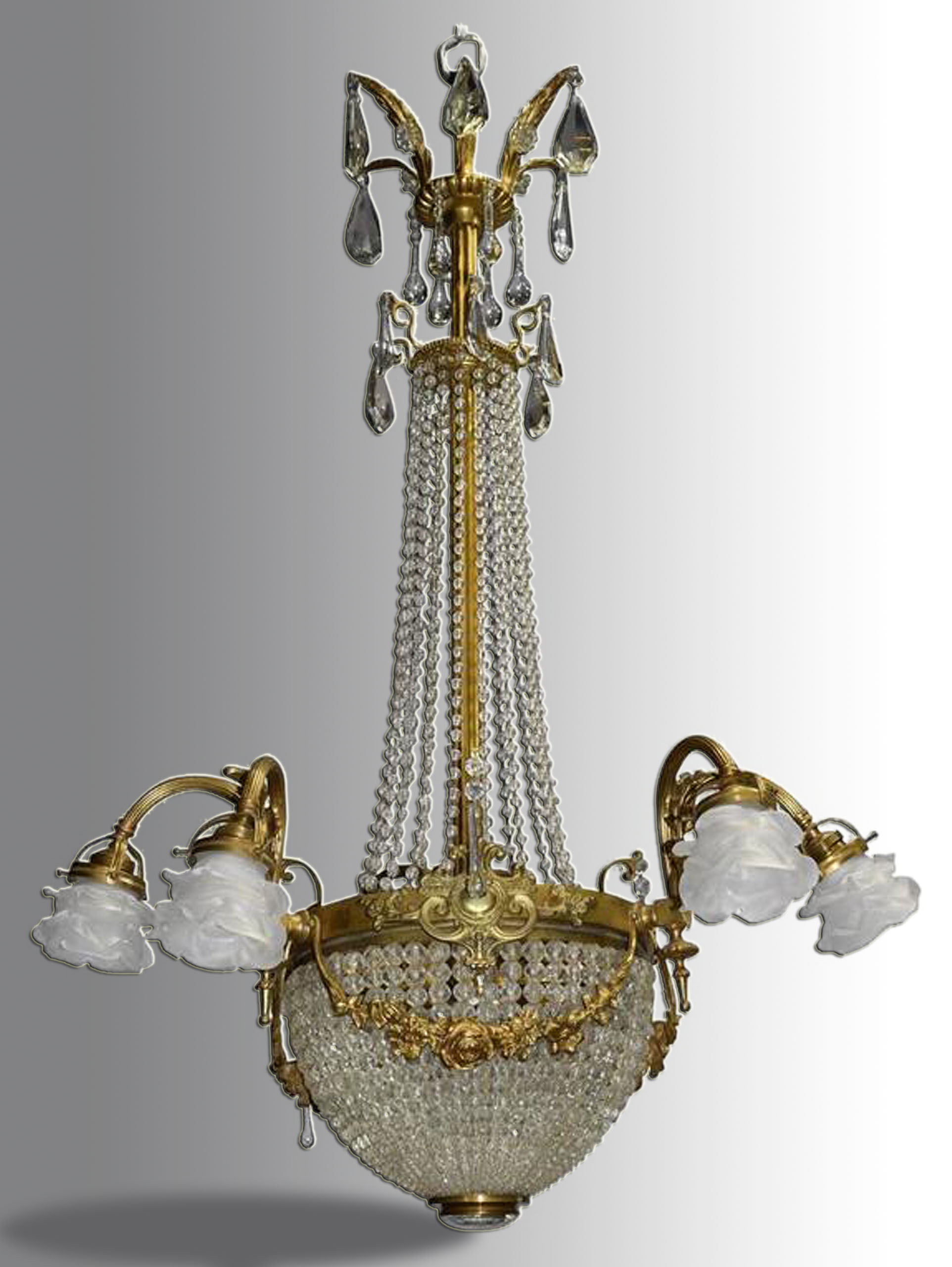 Vintage Circa 1920 French Crystal Flowers Chandelier