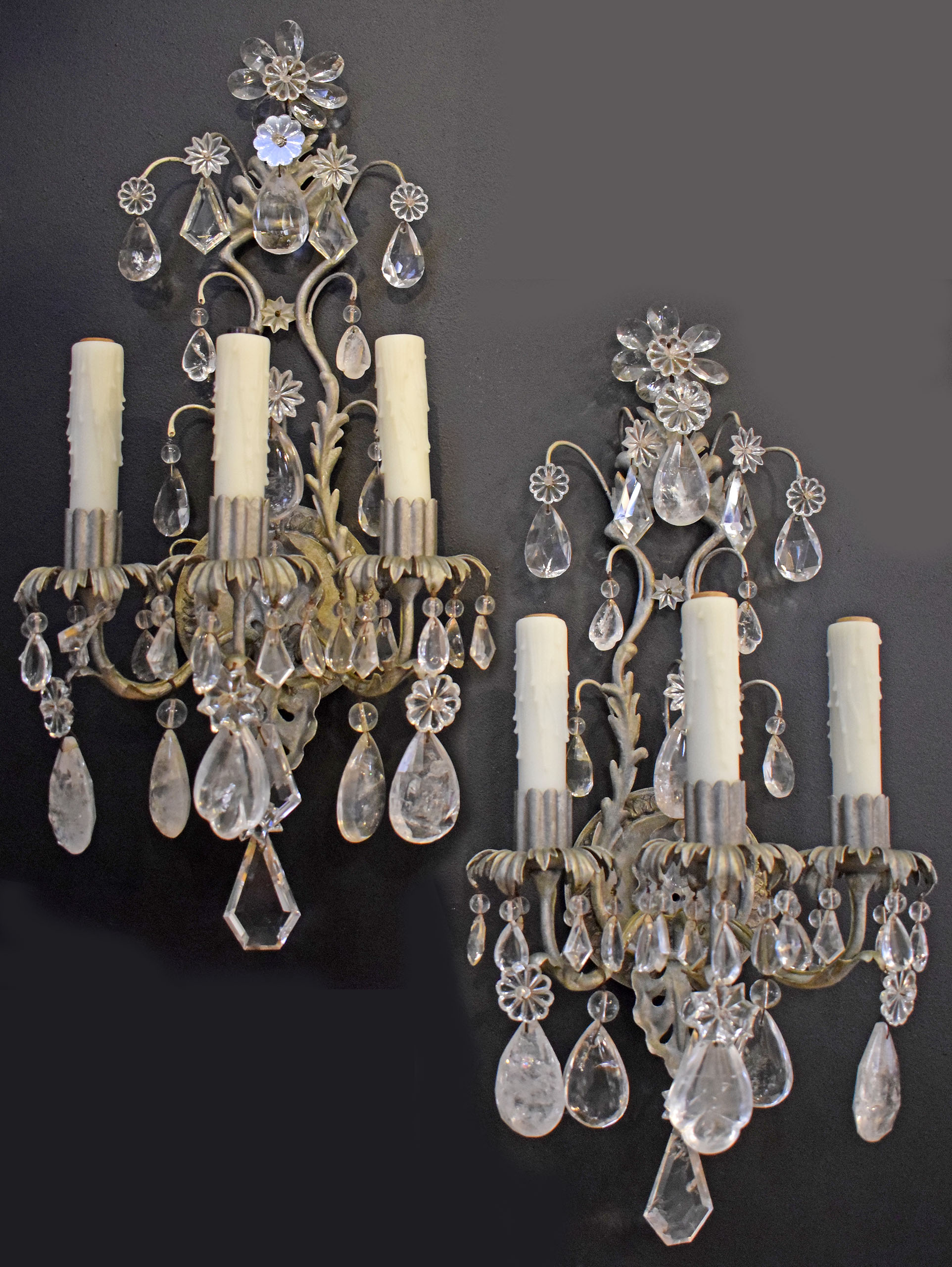 A Fine Pair of Silvered, Crystal and Rock Crystal Wall Sconces